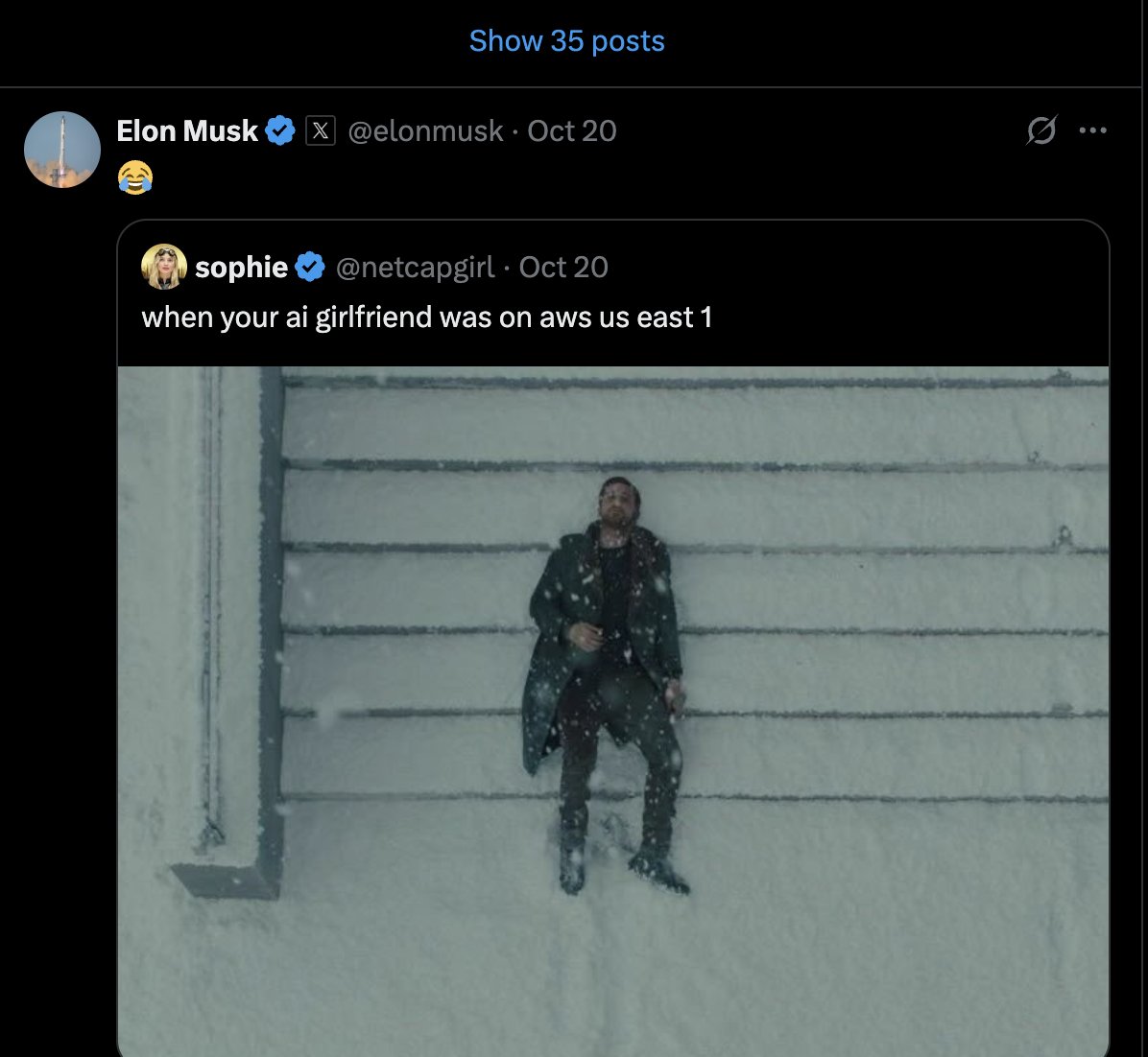 itsdeep_io's tweet image. classic elon 
nobody else is enjoying better than elon after aws outage