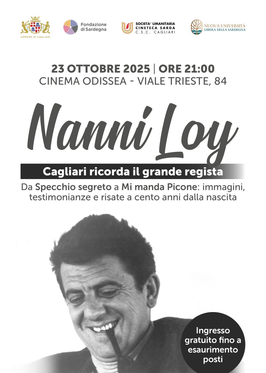 Domani, giovedì 23 ottobre (ore21, Cinema Odissea, viale Trieste 84) la serata per i cent'anni dalla nascita del regista cagliaritano #NanniLoy.

Ingresso libero e gratuito sino a esaurimento posti

(qui la notizia e il programma: comune.cagliari.it/portale/page/i… )