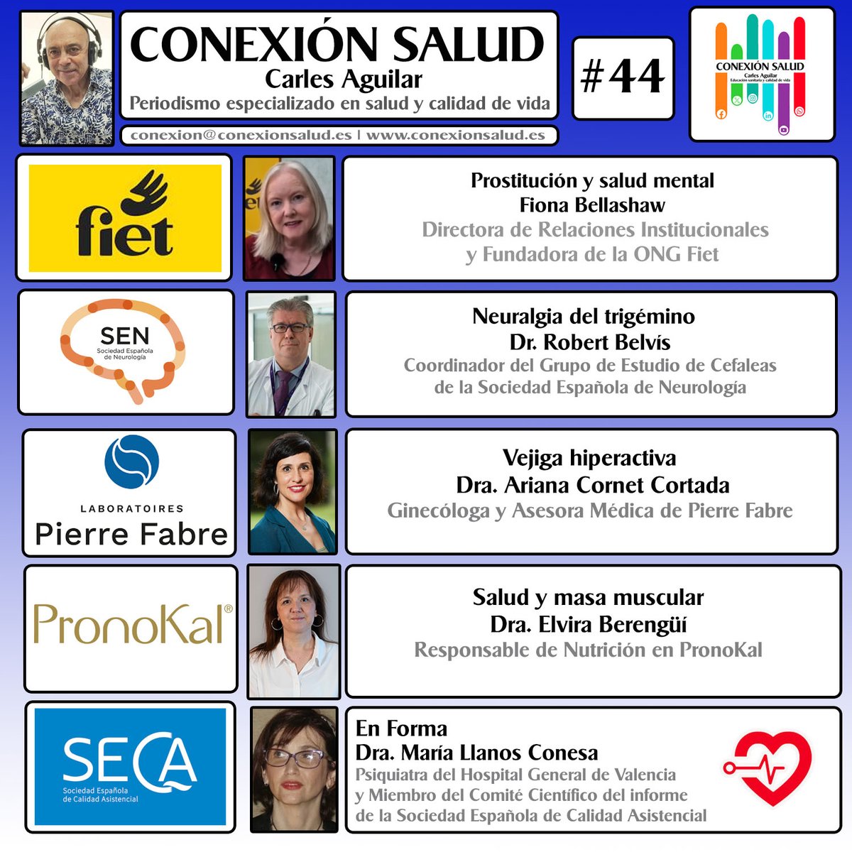 ✔️ Nuevo programa 

Episodio #44 - CONEXIÓN SALUD

 👉 👉 👉 lnkd.in/d54a4-xa 👈 👈 👈

▶️ YOUTUBE PODCAST: bit.ly/3NjfWeK
▶️ SPOTIFY: bit.ly/3TZ4fOd

<a href="/robertbelvis/">Robert Belvís</a> 
<a href="/PierreFabre/">Laboratoires Pierre Fabre</a> 
<a href="/ArianaCornet/">Ariana Cornet</a> 
<a href="/pronokal/">PronoKal España</a> 
<a href="/CalidadAsistenc/">SECA ~ Sociedad Española de Calidad Asistencial</a> 

#ConexiónSalud
#CarlesAguilar