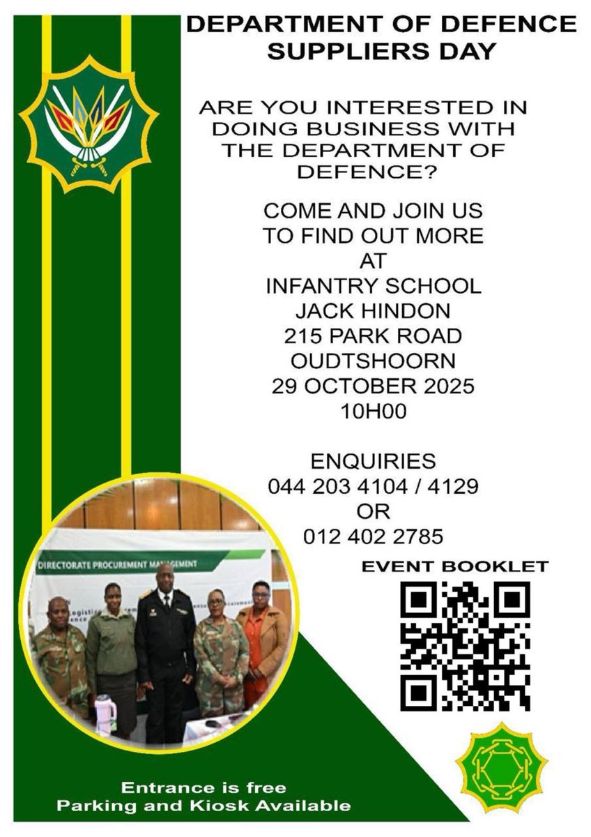SANDF_ZA's tweet photo. Department of Defence Suppliers Day || Infantry School, Jack Hindon, 215 Park Road, Oudtshoorn, 29 October 2025 @ 10:00.
Infographic by Department of Defence Logistics Division.
#SANDF
#DODLogisticsDivision
#SuppliersDay2025 https://t.co/CLe1f3CLZJ