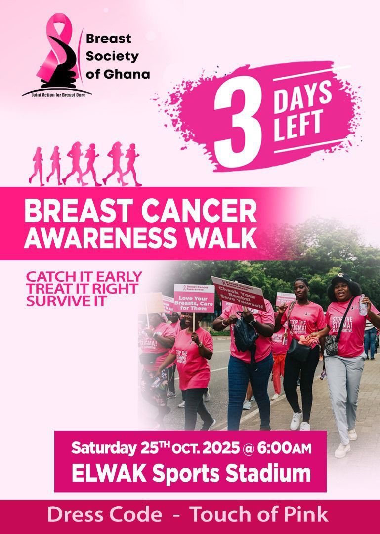 🎀 Day 22 – Pinktober Tip🎀

🚨 In Ghana, 60–80% of breast cancer cases are detected too late!

Don’t wait for symptoms to worsen — take charge now!

💗 Early detection saves lives.
Do your self-exam, get screened, and encourage another woman today.
#BSoGPinktober