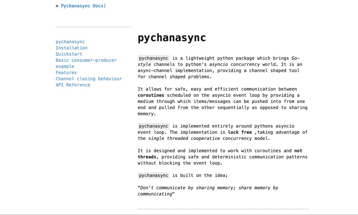 GWALISAM1's tweet image. Excited to share stable version of pychanasync. 
pychanasync (pi-chan-asinc) is a lightweight concurrency utility in Python which bring Go-style channel communication 
to asyncio python .