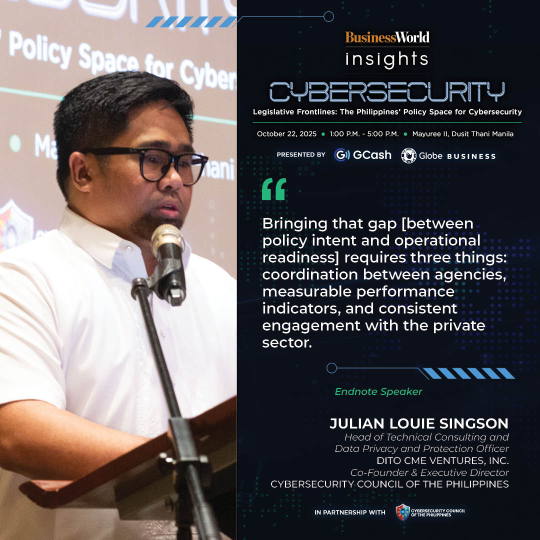 bworldph's tweet image. Bridging the existing gap in the nation's #cybersecurity policy environment requires three things, according to Julian Louie Singson of the Cybersecurity Council of the Philippines and DITO CME Ventures, Inc. 

#BusinessWorldInsights
#CyberSafePhilippines