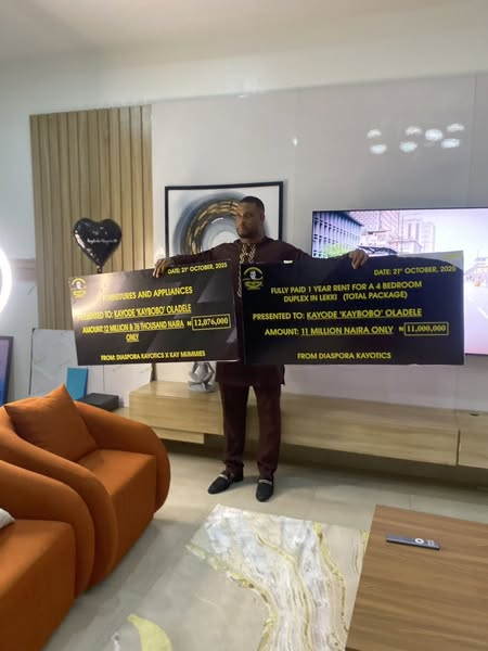 yabaleftonline's tweet photo. Fans reportedly gift BBNaija's Kaybobo a fully furnished duplex in Lekki, ₦4 million, an iPhone 17, and other items. https://t.co/3fj44TT0K4