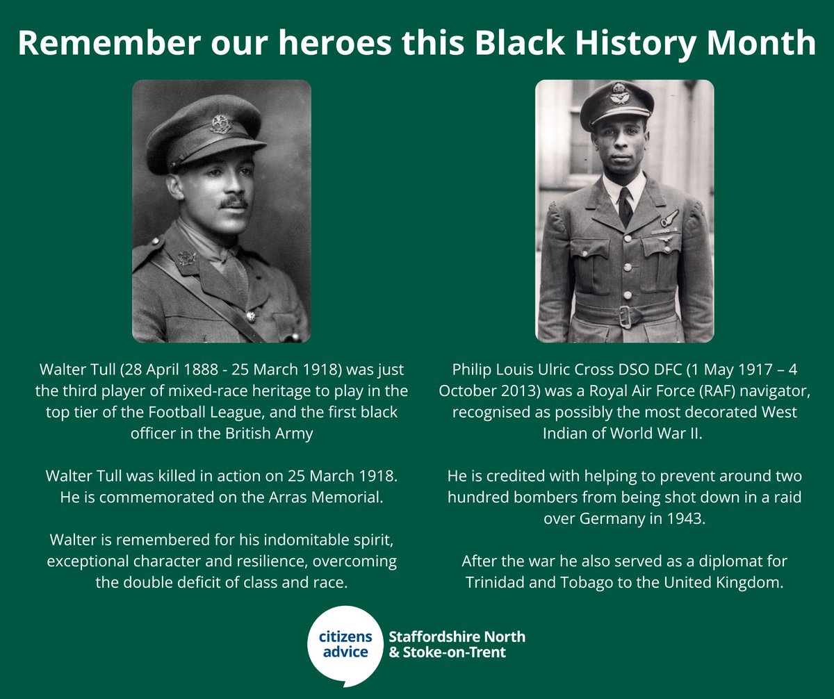 Citizens Advice Staffs North & S-oT (@sns_cab) on Twitter photo For Black History Month we wanted to share a tribute to the Black men and women who served with bravery, courage, and honour in times of conflict, duty, and national service. At a time in which they were persecuted, they still gave selflessly for us all to have a better future. For Black History Month we wanted to share a tribute to the Black men and women who served with bravery, courage, and honour in times of conflict, duty, and national service. At a time in which they were persecuted, they still gave selflessly for us all to have a better future.