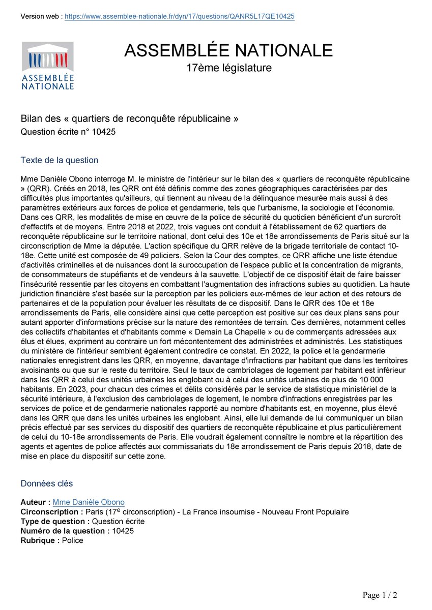 📨#QEG Auditionné hier à l'Assemblée, le nouveau ministre <a href="/Interieur_Gouv/">Ministère de l'Intérieur</a> <a href="/NunezLaurent/">Laurent Nuñez</a> a cité les « quartiers de reconquête républicaine » comme un dispositif de sécurité du quotidien. Or, à Paris 18e, son bilan est très mitigé et appelle des précisions.👉🏾assemblee-nationale.fr/dyn/17/questio…