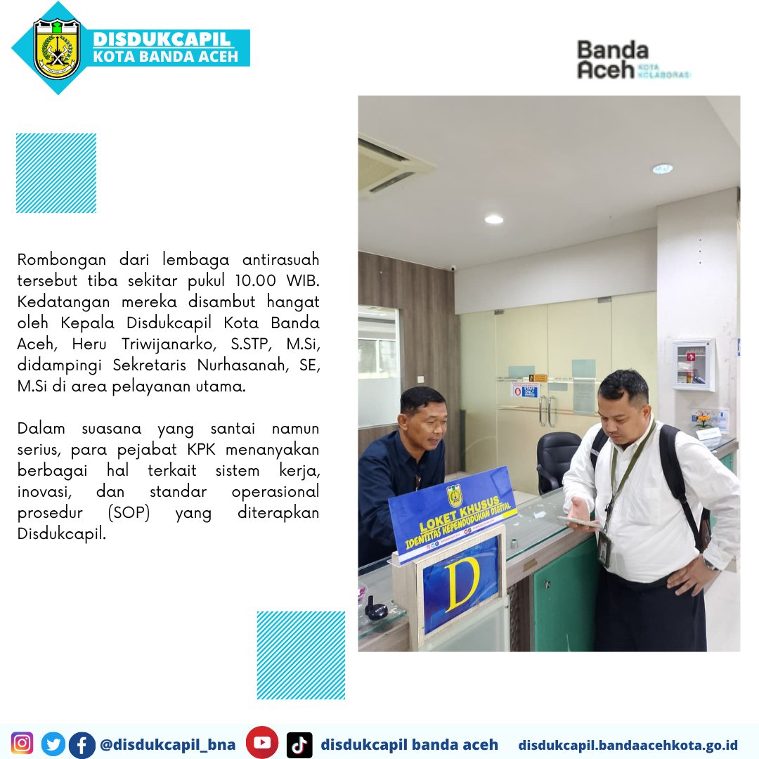 Assalamu'alaikum 
Hai Sobat Dukcapil Kota Banda Aceh 

KPK Kunjungi Disdukcapil Banda Aceh, Pantau Langsung Pelayanan Publik

#kpk #disdukcapil #bandaaceh