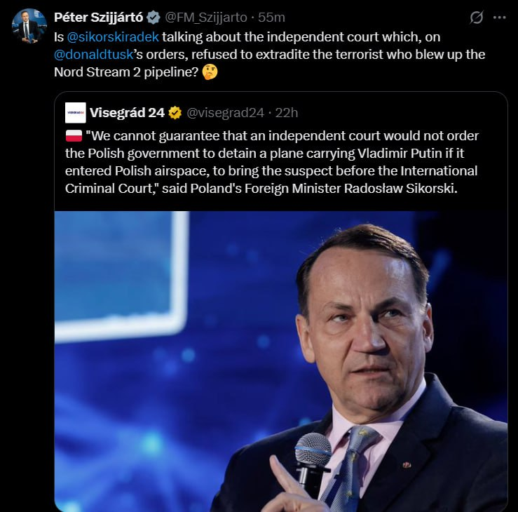 #Hungarian FM #Szijjarto ROASTS his #Polish colleague 

Throwing some shade at refusing to extradite terrorist that blew up #nordstream 2 pipeline, but willing to 'listen to an international court'