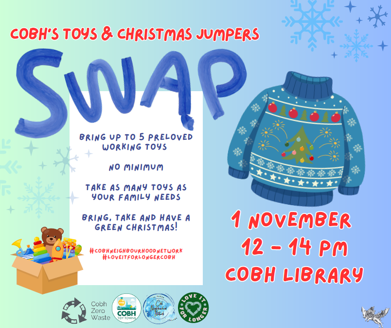 corkcolibrary's tweet image. A date for the diary! 🗓️

The annual toy and Christmas jumper swap will be held in #CobhLibrary on Saturday 1st November from 12 noon to 2pm. 🧸

This event is run by &apos;Love It For Longer Cobh&apos; so be sure to come along and support sustainability in the community. ♻️…