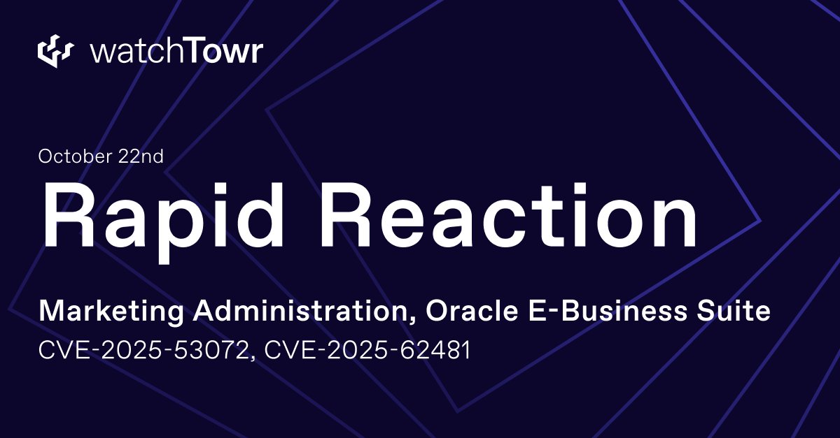 Oracle has patched two new critical CVEs (CVE-2025-53072 &amp; CVE-2025-62481) in the Marketing Administration component of Oracle E-Business Suite.

Given the recent Cl0p activity, exploitation is likely. Patch ASAP.

Need help assessing exposure? watchTowr.com