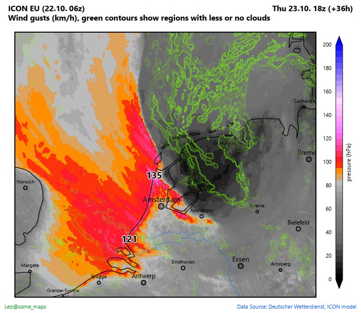 some_maps's tweet image. Is this as close to a real #storm eye experience as it gets in central europe? ICON D2 gust wind speeds for tomorrow. The green contours show a patch with almost no wind, no clouds. It's not an eye, but it's not a tropical storm anyway.