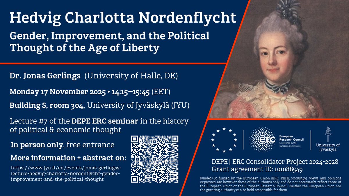 Join us in person next month for the 7th session of our DEPE seminar series in the history of political &amp; economic thought! Dr Jonas Gerlings (Halle/JYU fellow) will give a lecture on H. G. Nordenflycht, gender, improvement &amp; political thought in the Swedish Age of Liberty 👇