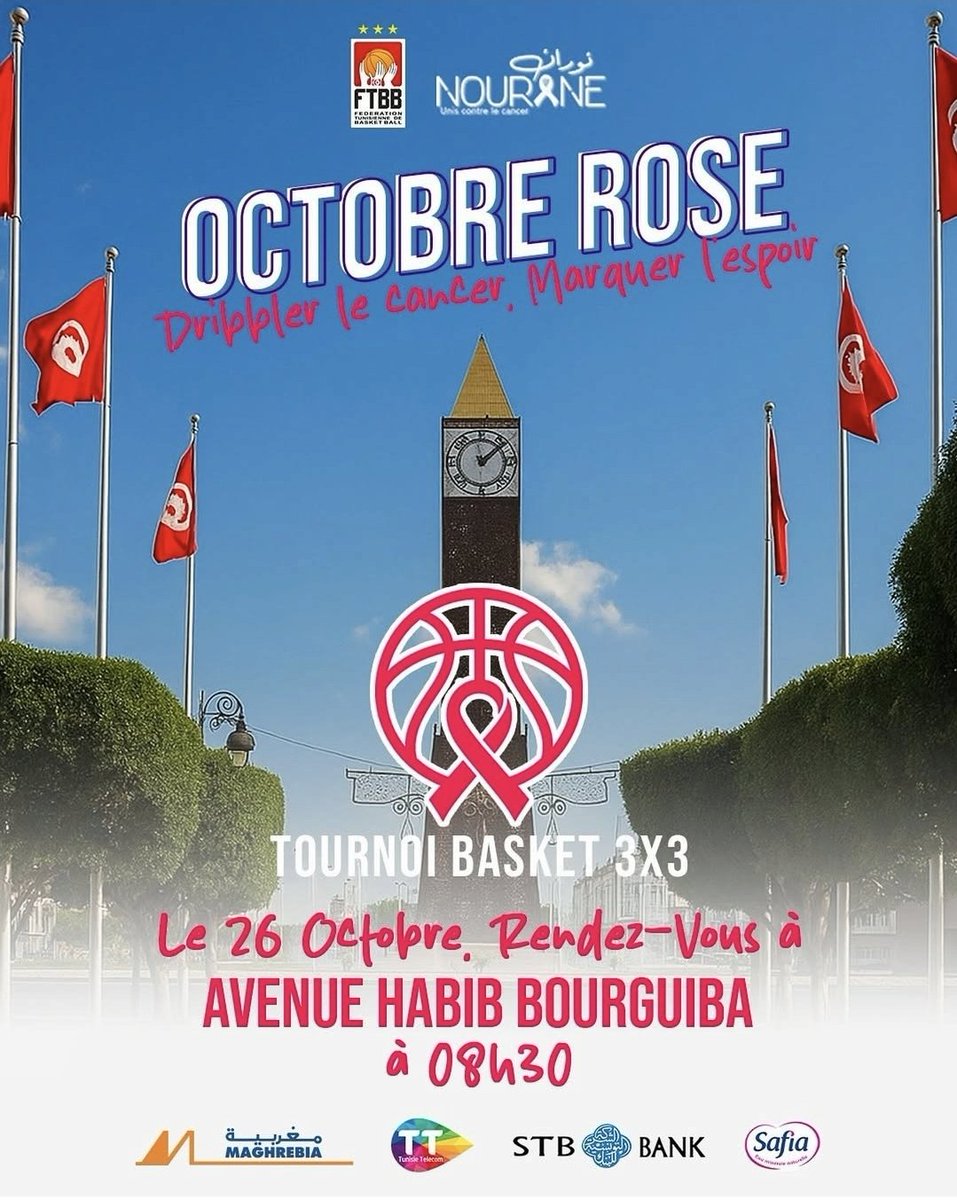 soufianejeribi's tweet photo. Octobre Rose, encore et encore !
Clôture d’une belle aventure à travers les régions de Tunisie 🇹🇳 pour une noble cause et le lancement de notre stratégie #BasketJeunes2028.
Merci à tous pour cette réussite collective 💪
#OctobreRose #FTBB #BasketTunisie https://t.co/PSIouyyjzp
