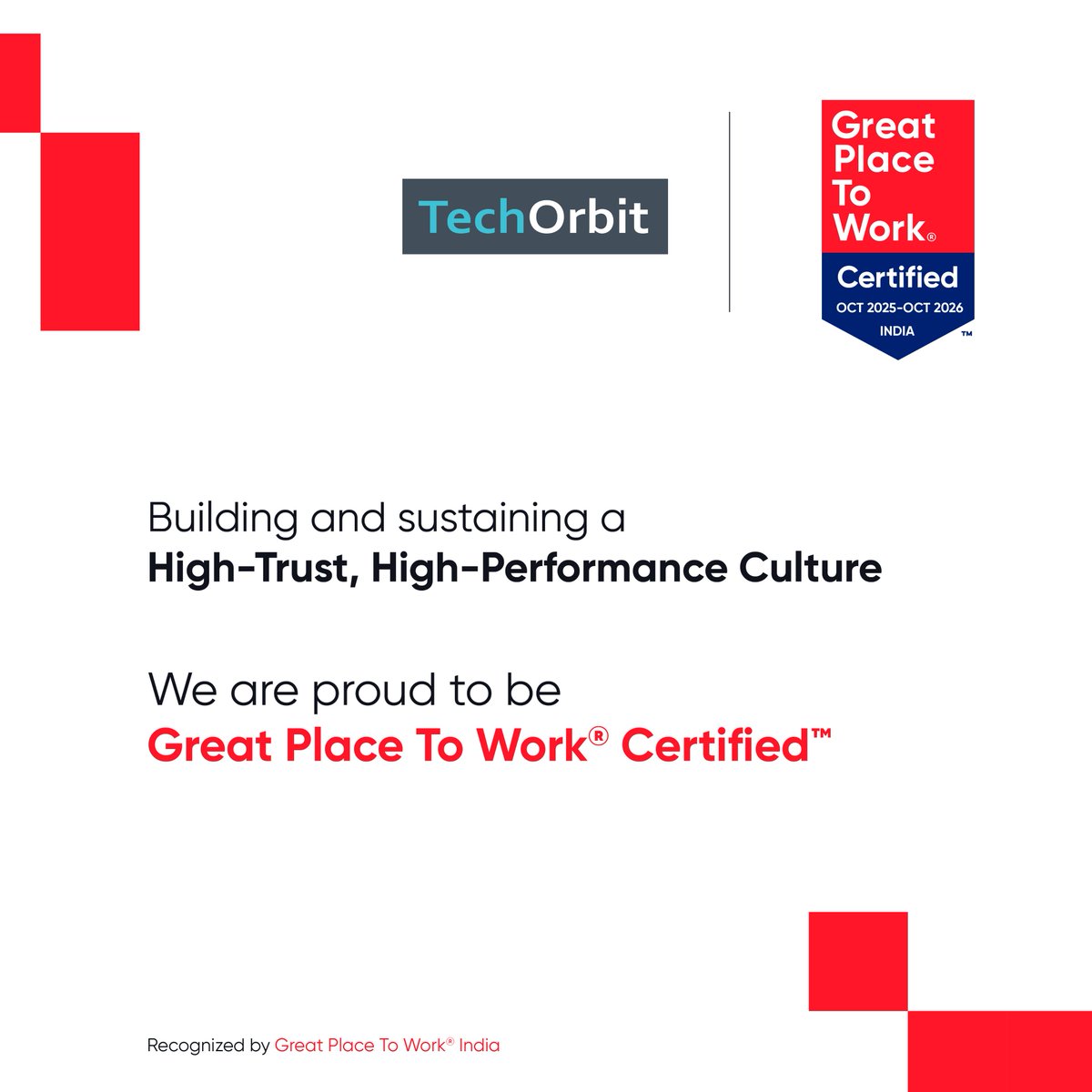 TechorbitL's tweet image. We are proud to share that TechOrbit Solutions Private Limited is now Great Place To Work® Certified.
From our start in 2020 to today, this milestone reflects the trust, teamwork, and culture we’ve built together. Here’s to growing stronger as a team.
#GreatPlaceToWork