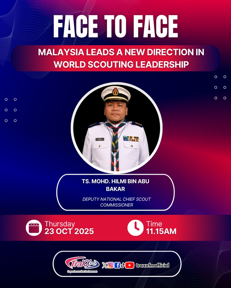 FACE TO FACE on TRAXXfm

What’s next for Scouting in Malaysia and the Asia-Pacific Region? 🌏

Join Ts. Mohd. Hilmi Abu Bakar, Deputy National Chief Scout Commissioner, as he shares insights from the recent Asia-Pacific Scout Conference. 

📅 Thursday, 23 October 2025
🕚 11:15 AM
