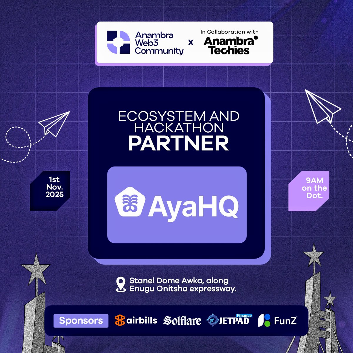 anambraweb3conf's tweet image. 🚀 Hackathon Partnership Announcement
We’re excited to announce Ayalabs (@ayahq_ ) as our official Hackathon Partner for the Anambra Web3 Conference 2.0, proudly sponsored by the @StarknetFndn
This hackathon marks the first-ever Web3 Hackathon in Anambra State, giving builders…
