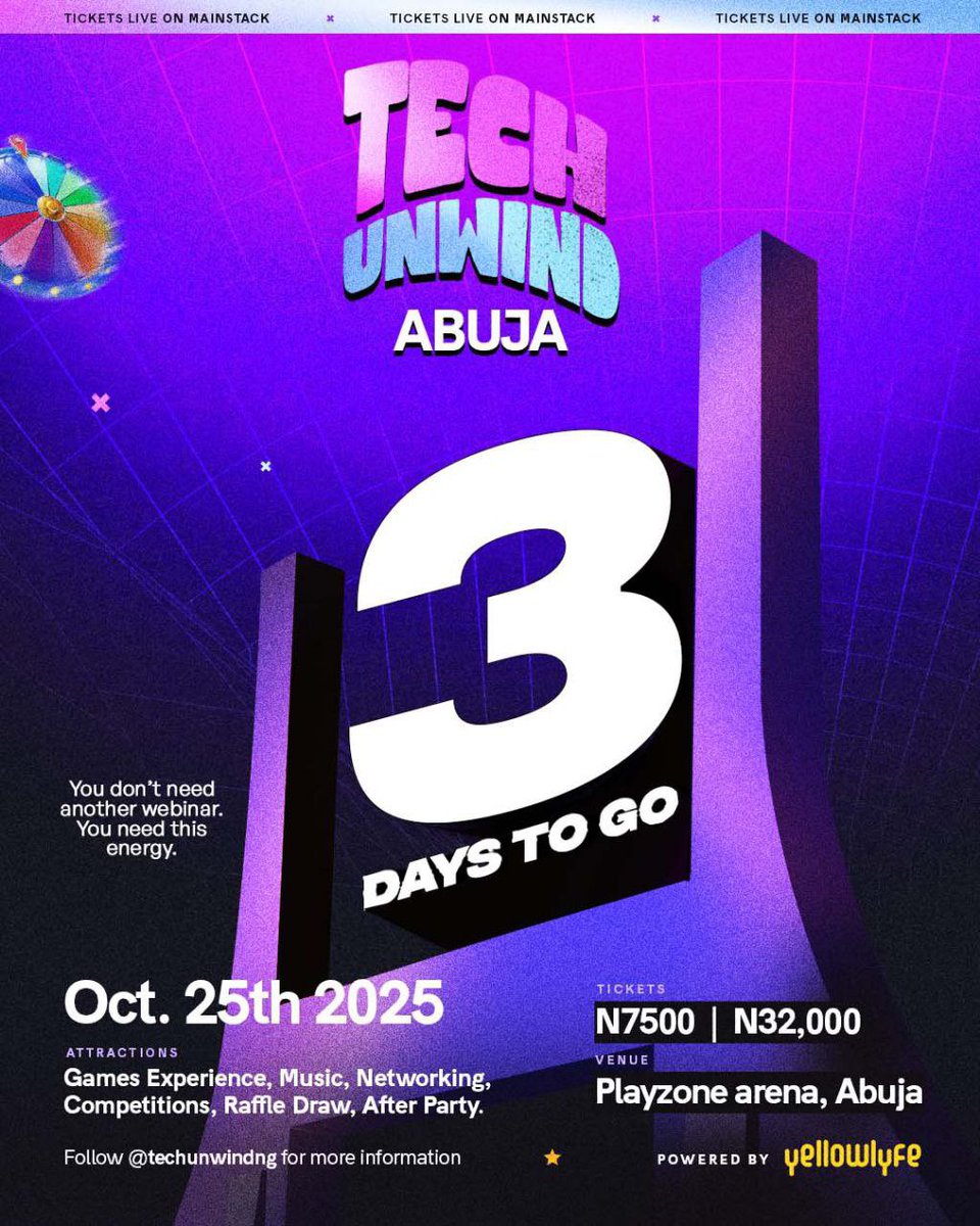 TechUnwind_'s tweet image. ABUJA!!
THIS SATURDAY!!
It’s going to be a hangout to remember!
Don’t miss this edition of #TechUnwind Abuja.
Tell everyone too.
This biggest tech event in Abuja is happening at the PlayZone Arena and tickets are selling out fast.
unwindfest.com/tech-ng
#TechUnwindAbuja