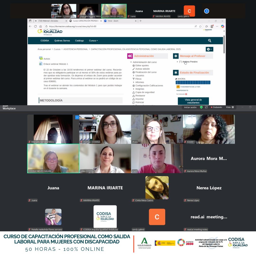 ¡Hoy a las 🕙 10:00 h ha arrancado nuestro #CursoGratuitoOnline de #AsistenciaPersonal para mujeres con discapacidad 👩‍💻!

📚 7 módulos hasta el 5 de diciembre
👩‍🏫 Tutorizado 
💼 Oportunidad real de inserción laboral

#Igualdad #Formación #MujeresConDiscapacidad #EmpleoInclusivo