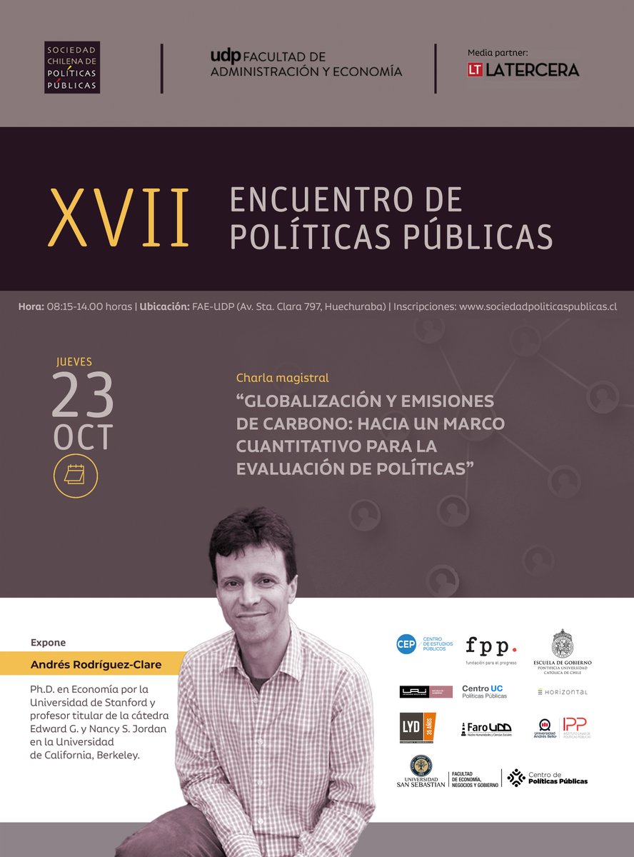 🚨 MAÑANA | ¡Charla imperdible en el XVII Encuentro de la Sociedad Chilena de Políticas Públicas!

No te pierdas la exposición del destacado economista Andrés Rodríguez-Clare (<a href="/UCBerkeley/">UC Berkeley</a>).

📍<a href="/faeudp/">FAE UDP</a>. 
✍ Inscríbete aquí: ow.ly/r8vL50WarIU