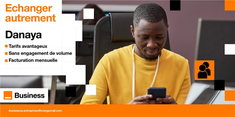 Avec Danaya d'Orange Business, appelez en illimité au Mali ou en déplacement à l'étranger. Bénéficiez également des tarifs les plus avantageux sans   engagement de volume. La facturation mensuelle vous confèrera un confort d'utilisation, pas besoin de rechargements fréquents.
