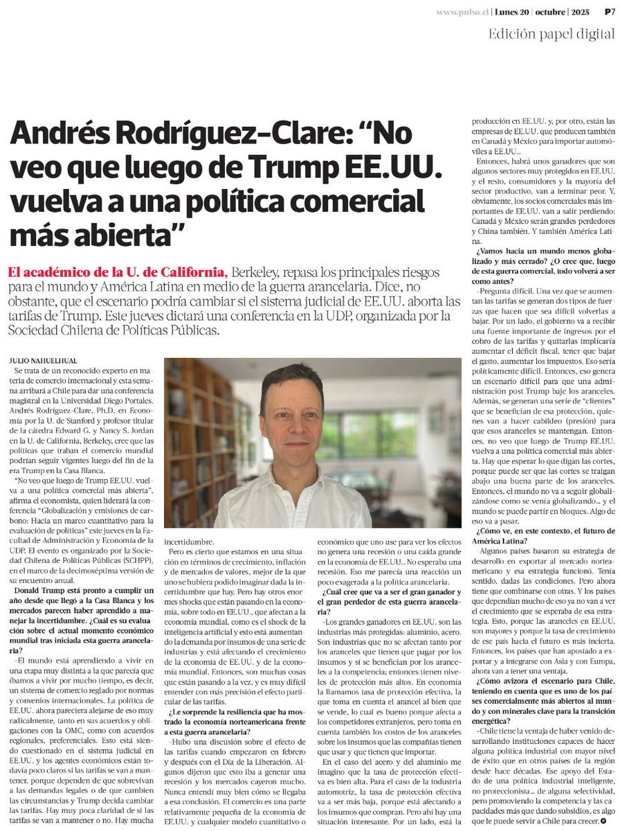 🗞️ ¡Revisa la entrevista realizada en Pulso de <a href="/latercera/">La Tercera</a>
 al destacado economista Andrés Rodríguez-Clare (<a href="/UCBerkeley/">UC Berkeley</a>)!

🔴 MAÑANA | Andrés abrirá el XVII Encuentro de la SCHPP con una charla magistral.

📍 <a href="/faeudp/">FAE UDP</a>.
🗓️ 23/10.
✍ Inscripciones aquí: ow.ly/r8vL50WarIU