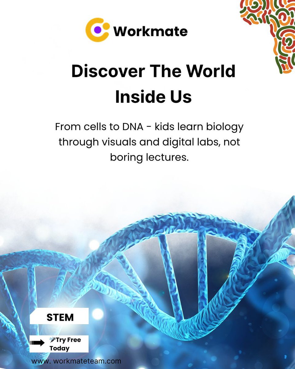 Workmate_Team's tweet photo. DNA, but make it fun. 
Workmate helps African diaspora kids explore STEM blending high-quality learning with African culture.

Give your child a smarter start.
Try free today → https://t.co/ER5bGMiMdd

#STEMForAfrica #WorkmateTeam #SmartKid https://t.co/dWpKqzuElo