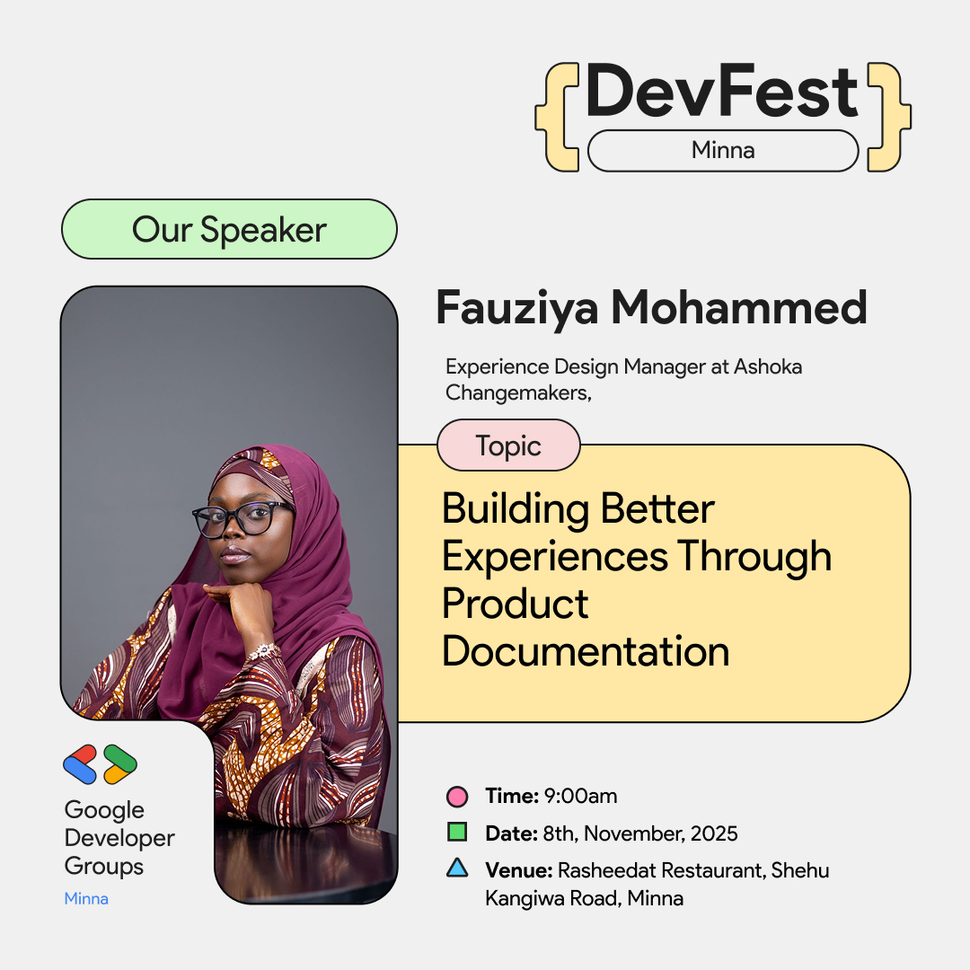 GDGMinna's tweet image. 🎙️ Speaker Spotlight: @Ziya_mg  ✨
Design Manager @ Ashoka Changemakers, creating impact-driven designs 🌍💡
At #DevFestMinna2025, she’ll share “Designing Beyond the Screen” — why documenting product stories matters 📝🔥
📅 Nov 8, 2025
👉 bit.ly/devfest-minna-…