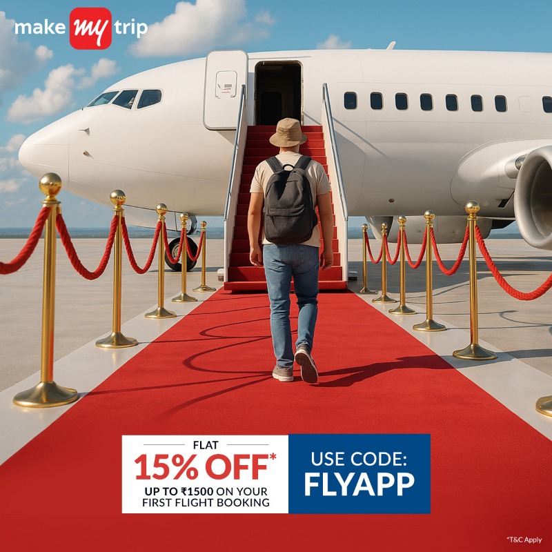 makemytrip's tweet photo. Get Flat 15% OFF* upto ₹1500 on your first Flight booking only on the MakeMyTrip App. Download Now!