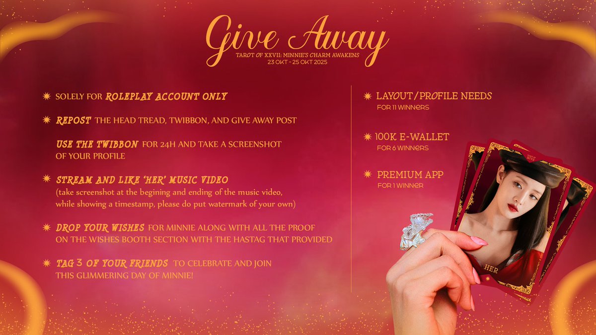 ᅠᅠ
.⋆ The cards have turned and fate is smiling tonight. Enter our 𝗴𝗶𝘃𝗲𝗮𝘄𝗮𝘆, let 𝑻𝒉𝒆 𝑴𝒐𝒐𝒏 and 𝑻𝒉𝒆 𝑫𝒂𝒉𝒍𝒊𝒂 guide your luck. Perhaps destiny will draw your name next 𐙚
ᅠᅠ