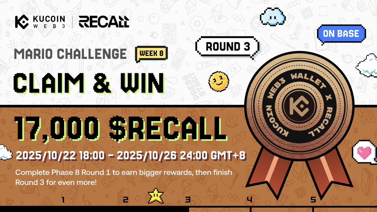 🎉 #MarioChallenge Phase 8 round 3 is LIVE!

💰 Total: 17,000 $RECALL
2,000 $RECALL for socials #giveaway

How to join
1️⃣ Follow <a href="/KuCoin_Web3/">KuCoin Web3 Wallet</a> × <a href="/recallnet/">Recall</a>
2️⃣ Like + RT + Tag 3 frens

Join to win 15,000 $RECALL ⬇️
app.galxe.com/quest/kucoinwe…

🔗 Chain: Base | CA: