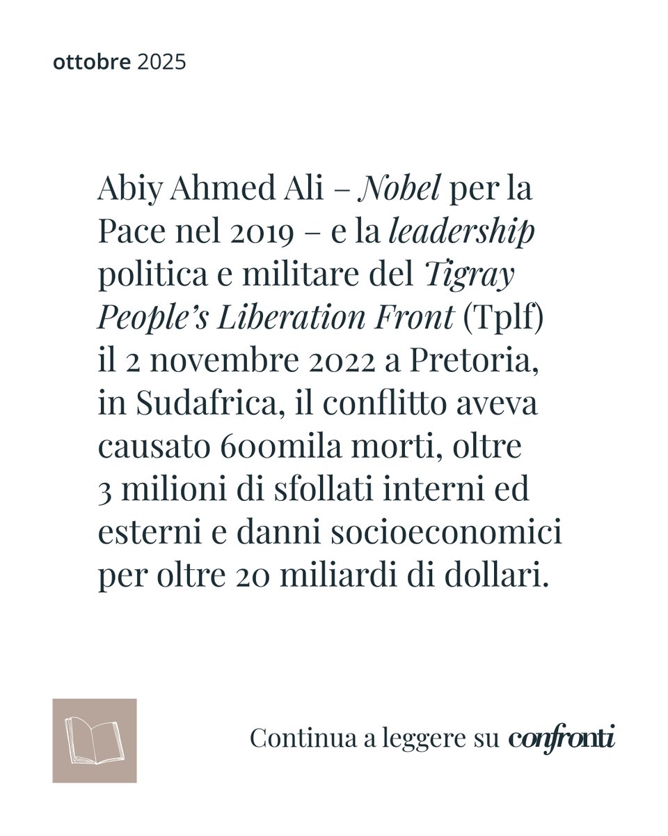 A meno di tre anni dall’Accordo di Pretoria che pose fine alla guerra in Tigray, l’Etiopia rischia di precipitare di nuovo nel conflitto. 

Leggi l'articolo di Luca Attanasio sul numero di ottobre!
Acquistalo qui: ow.ly/nauM50X4Sg1
