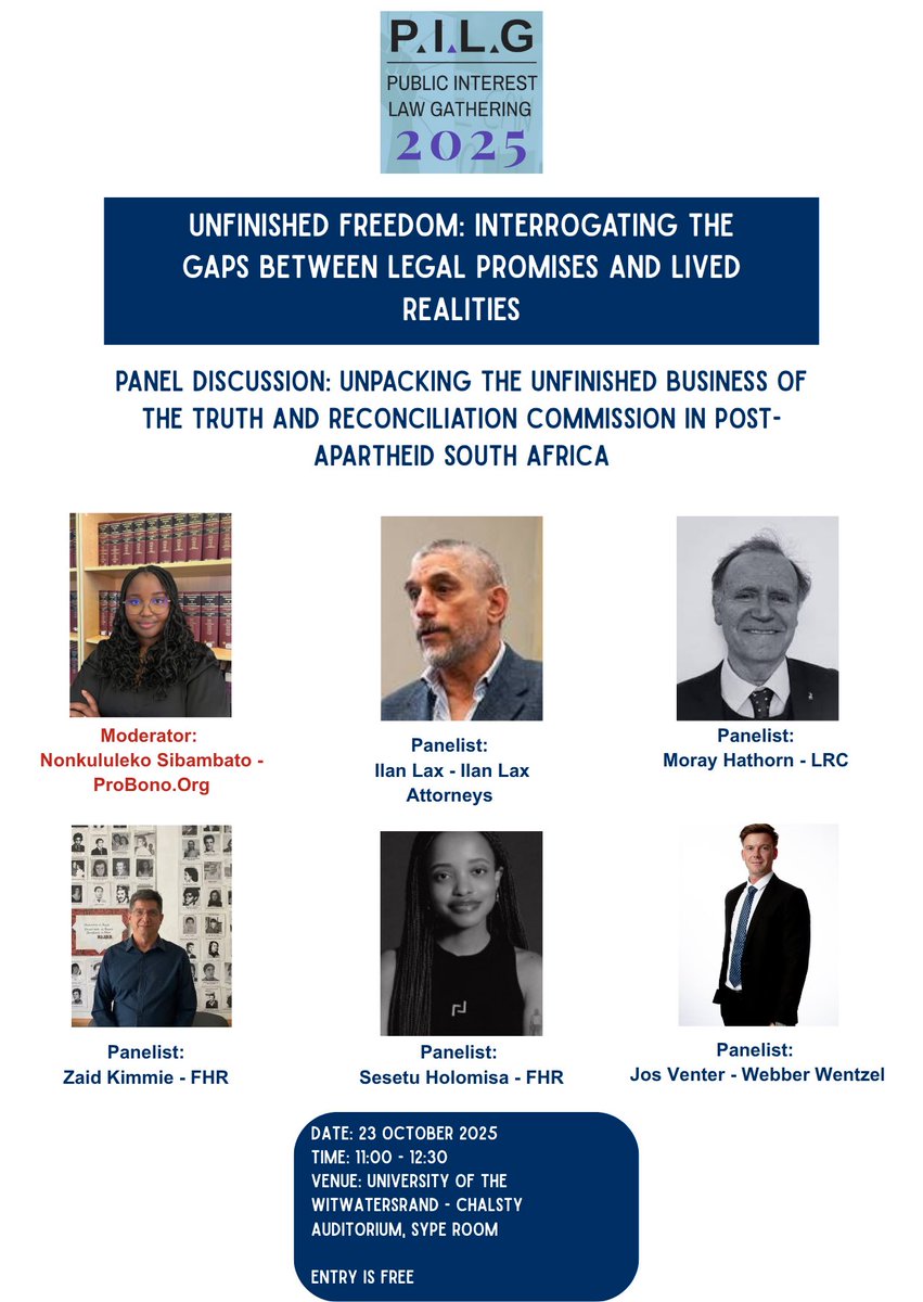 ProBono.Org is excited to be part of #PILG2025! Our panel will explore “Unpacking the unfinished business of the Truth and Reconciliation Commission in post-apartheid South Africa” on 23 October 2025, from 11:00  - 12:30.