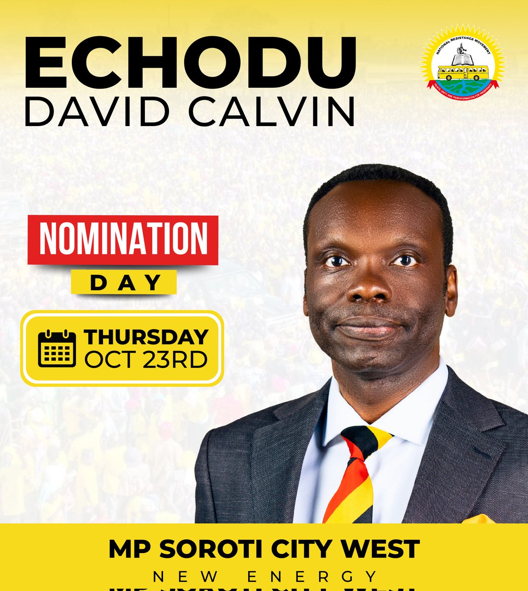 I am pleased to inform you that tomorrow, Thursday 23rd October, I will be officially nominated as a candidate for Member of Parliament, Soroti City West Constituency under <a href="/NRMOnline/">NRM Party</a>
I am deeply honored to take this next step in serving our people, and I remain committed to