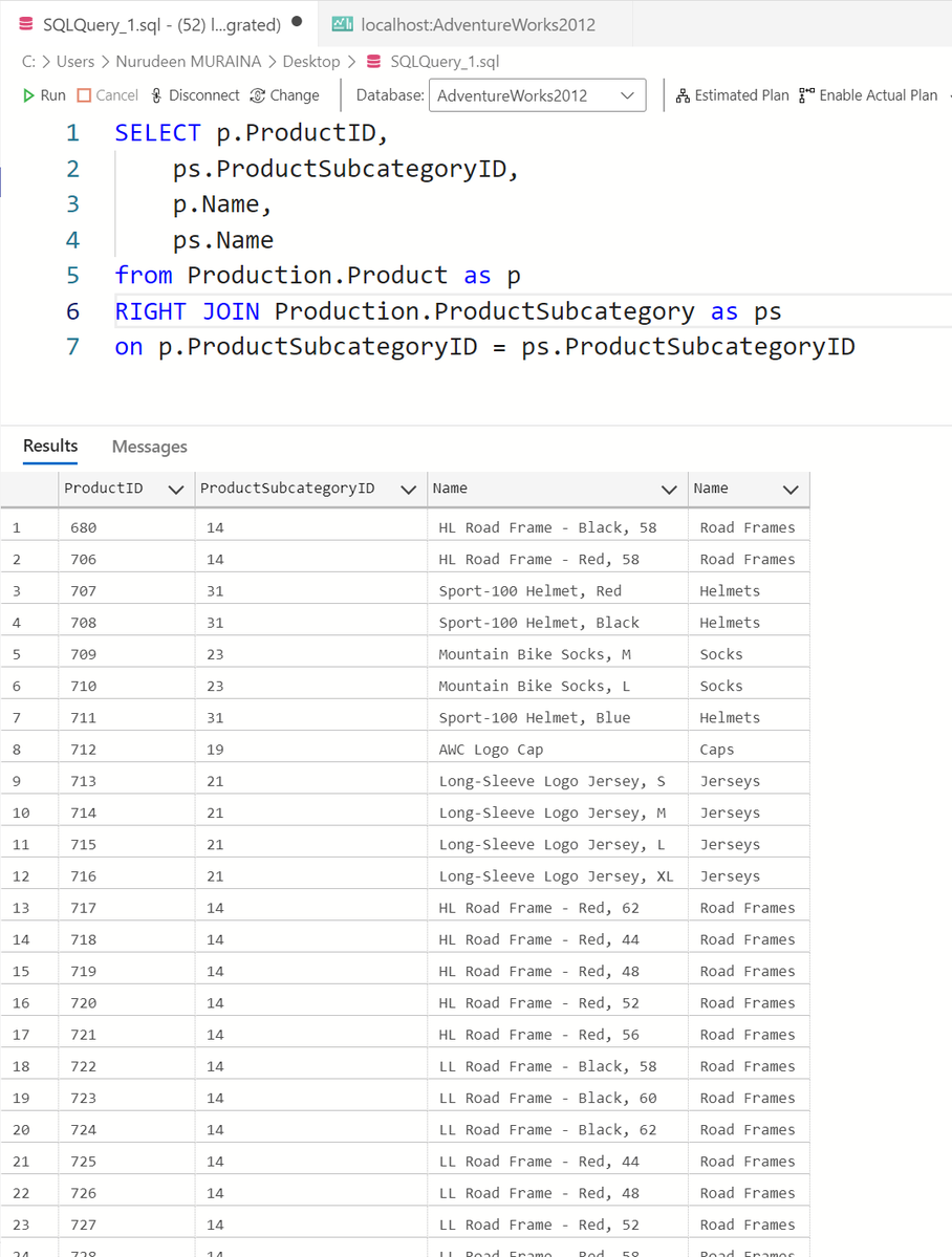 murainanurudee6's tweet image. 🧩 Practice Tasks
1️⃣ List all products + their subcategories (even if missing).
2️⃣ Get all employees + their department (even if not assigned).
3️⃣ Flip the order of tables — see the difference 👀
#SQL #DataAnalysis #LearnSQL #AdventureWorks #DataSkills #TeachingJourney #day7