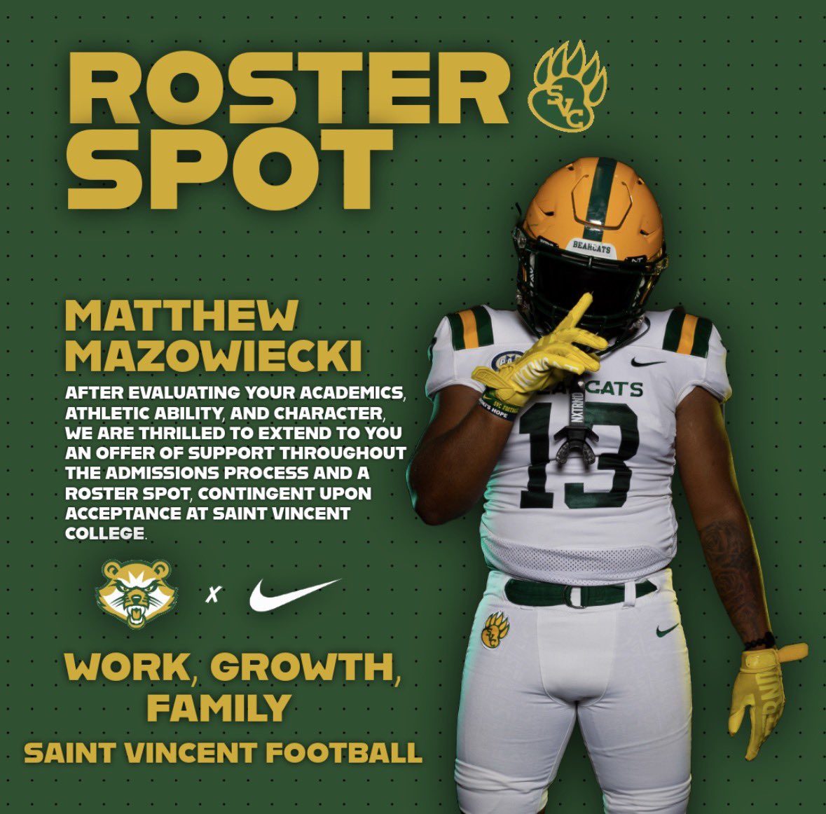 After a conversation with <a href="/CoachCGoff/">𝐂𝐚𝐬𝐞𝐲 𝐆𝐨𝐟𝐟</a>
I am happy to announce my first offer from Saint Vincent College!
<a href="/CoachThompsonDC/">John Thompson - JT</a> 
<a href="/sergio_bell15/">Sergio Bell</a> <a href="/DiohDesuah/">Dioh Desuah</a> 
<a href="/domweber30/">Dom Weber</a> 
<a href="/CoachJohnstonOL/">Chace Johnston</a>