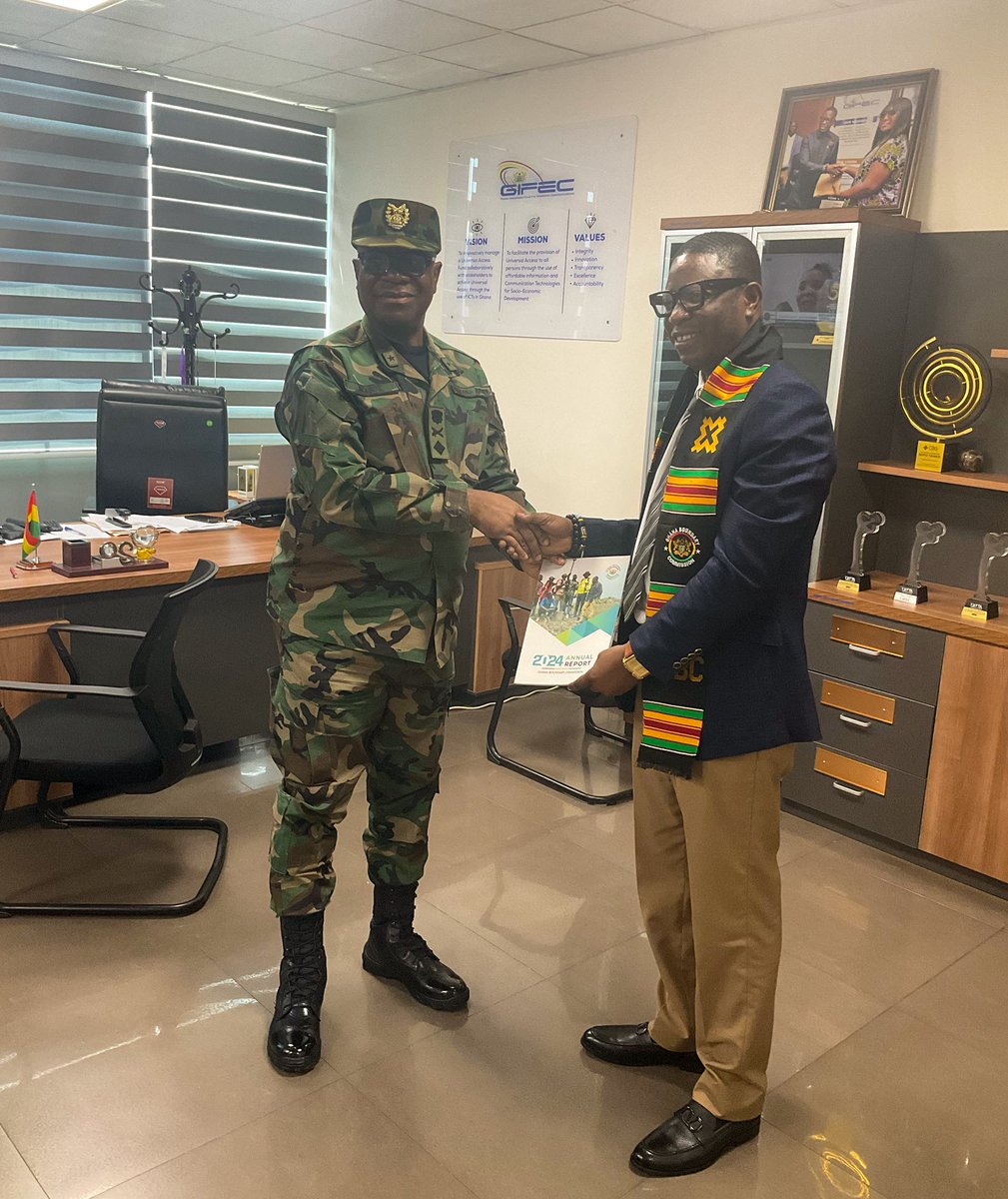 Commissioner General of <a href="/GhBCOfficial/">Ghana Boundary Commission</a>, Brig Gen Anthony Ntem, paid a working visit to the Administrator of <a href="/GIFECGhana/">GIFEC Ghana</a>, Dr. Rashid Tanko Computer at the GIFEC premises. The meeting discussed strengthening collaboration between the two for border community development.