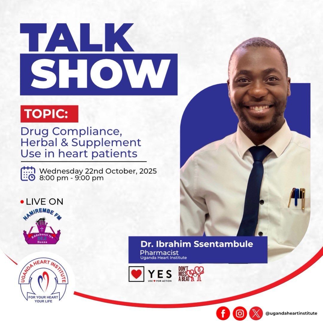 Over 70% of heart patients risk complications when mixing prescribed medications with herbal remedies or supplements. 

Join Dr. <a href="/ssentambule/">Dr.ssent ibrahim</a>, Pharmacist at the <a href="/HeartUganda/">Uganda Heart Institute</a>, Wednesday, 22nd October 2025, from 8:00 pm – 9:00 pm on <a href="/Namirembefm939/">93.9 Namirembe Fm</a> for a live talk show on Drug