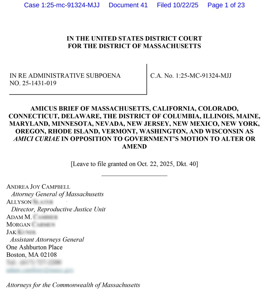 MassAGO's tweet photo. Donald Trump’s DOJ wants to force Boston Children’s Hospital to turn over sensitive records related to gender-affirming care.

I’m leading a multistate coalition in filing a court brief fighting back against this attempt to bully patients and health care providers. https://t.co/lF6XKv9wV6