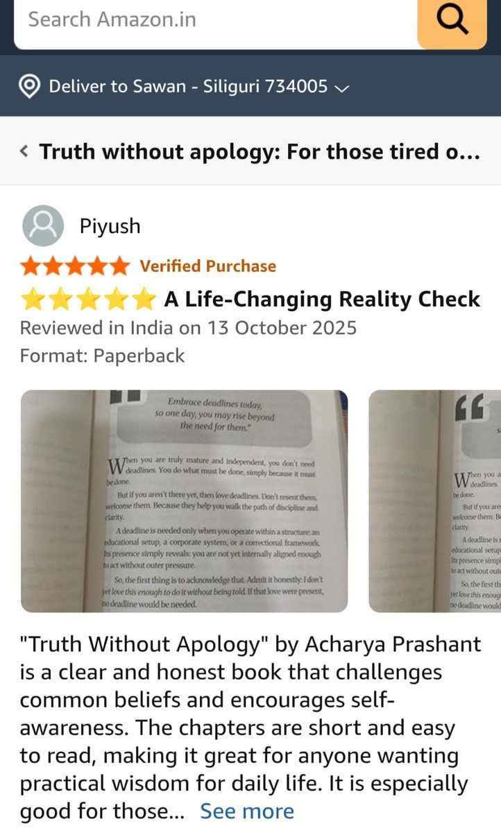 shivraj327's tweet photo. Review by Dr Renuka ⭐️⭐️⭐️⭐️⭐️

Truth Without Apology (TWA) = स्पष्टता 😇

TWA इस समय में जीवन को सही ढंग से जीने के लिए सबसे आवश्यक बातों की एक तरह की manual है।
हर इंसान के लिए इसे पढ़ना optional नहीं, बल्कि compulsory है।
स्पष्टता के बिना जीवन व्यर्थ है — और TWA वही सबसे अहम काम करती है,
यह हमें स्पष्टता प्रदान करती है। 🪔

#TWA_TopsAmazon
#चाहिए_TWA
#AP_TWA_है_ज़रूरी