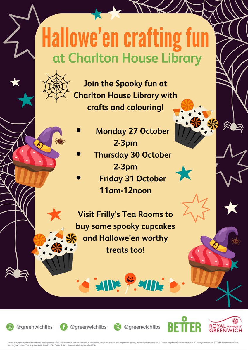 CharltonLib's tweet image. Join the Spooky fun at #CharltonLibrary with crafts and colouring! 🎃 With sessions on Monday 27 October 2-3pm, Thursday 30 October 2-3pm and Friday 31 October 11am-12noon 👻 
Visit Frilly&apos;s Tea Rooms to buy some spooky cupcakes and Hallowe&apos;en worthy
treats too! 🎂