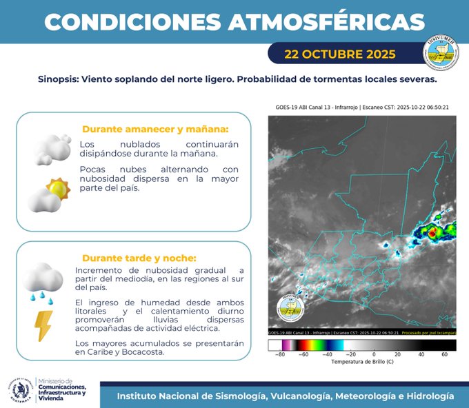 Infographic titled Condiciones Atmosfericas for 22 Octubre 2025 with synopsis of light northerly winds and probability of severe local storms. Satellite image from GOES 16 ABI at 06:21:01 UTC shows cloud cover over Guatemala. Left section describes morning conditions with cloudy rains and alternating scattered clouds across most of the country. Right section details afternoon and evening with gradual increase in cloudiness in southern regions, rains, and electrical activity mainly in Caribbean and Bocacosta areas. Color scale bar from -10 to 40 degrees Celsius at bottom. Logos of INSIVUMEH and CONRED at bottom.