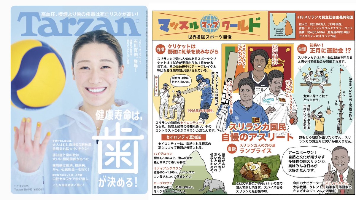 nishan_tha's tweet image. 10/23発売『Tarzan』913号は「健康寿命は、歯が決める」特集🦷
誌面「マッスルマップ・ワールド」で、にしゃんたが🇱🇰スリランカのスポーツ＆文化を紹介。書店・各種ストアでチェック！
#Tarzan913 #歯の健康寿命 #歯の健康 #スリランカ #にしゃんた