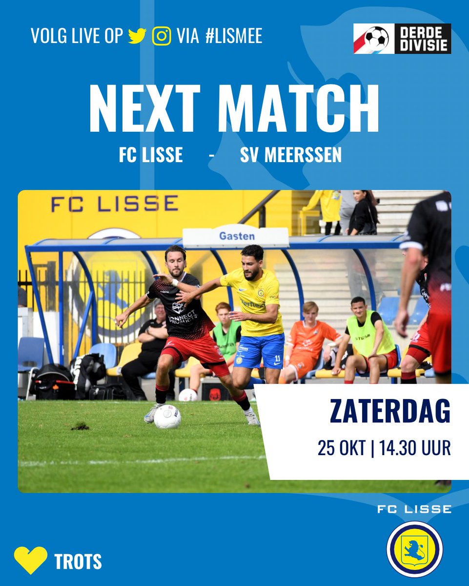 ⚽️ NEXT | Speelronde 11 | <a href="/Derde_Div/">Derde Divisie</a> |  🟡🔵 ⚔️ 🟡⚫️ #fclisse #derdedivisie #LISmee

In de 11e speelronde speelt FC Lisse zaterdag een thuiswedstrijd tegen <a href="/Svmeerssen1/">Sv Meerssen1</a> 

Aftrap 14.30 uur op sportpark Ter Specke 🟡⚽️🔵

Voorbeschouwing van onze JKF
👇🏻

fclisse.nl/voorbeschouwin…