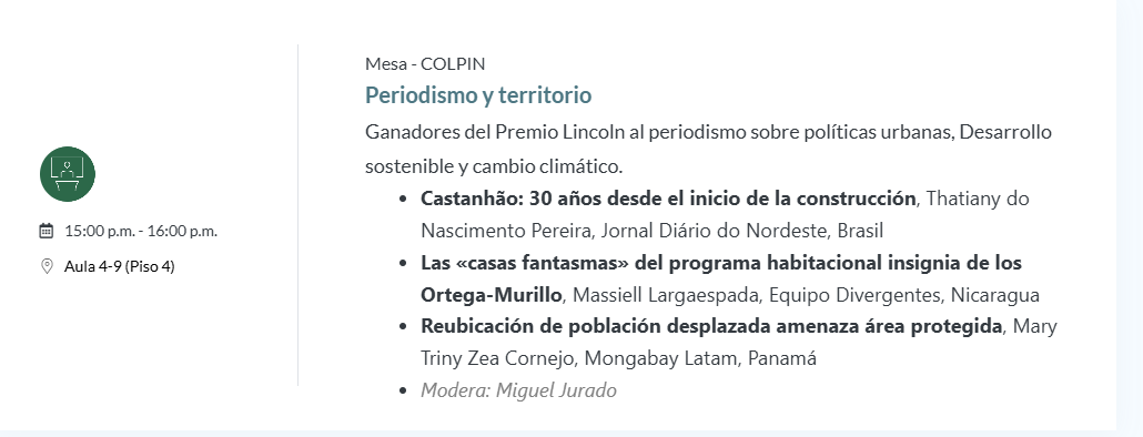 ¡Un panel muy especial! 👀

Massiell Largaespada presentará la historia de <a href="/ConnectasOrg/">CONNECTAS</a> y <a href="/DivergentesCA/">Divergentes</a> "Las «casas fantasmas» del programa habitacional insignia de los Ortega-Murillo".

También participará <a href="/MTrinyZea/">Mary Triny Zea</a>, miembro de #CONNECTASHub.
