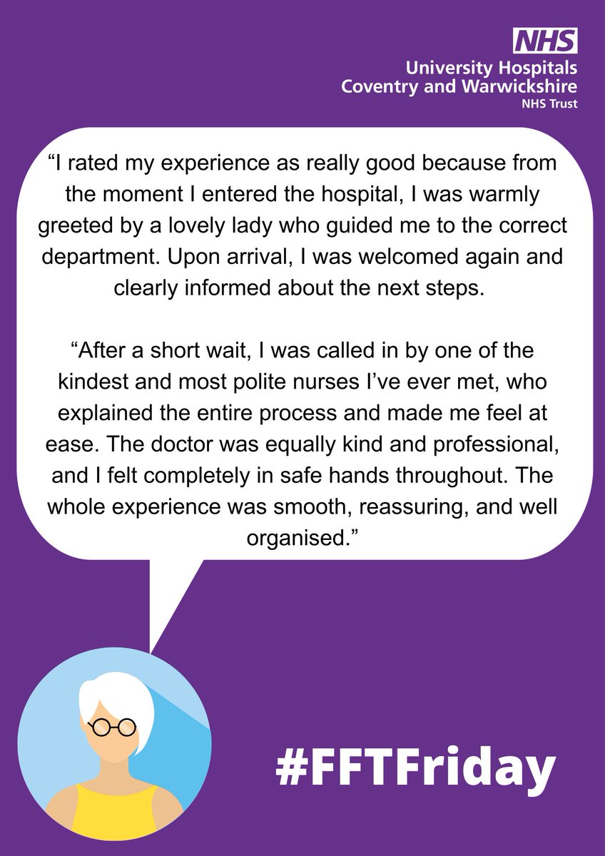 Our next #FFTFriday visit this week is to the Neurophysiology Department <a href="/nhsuhcw/">UHCW NHS Trust</a>.

This patient felt that their whole experience was smooth, reassuring and was well organised.

#WhatMattersToYouMattersToUs #FFTFriday