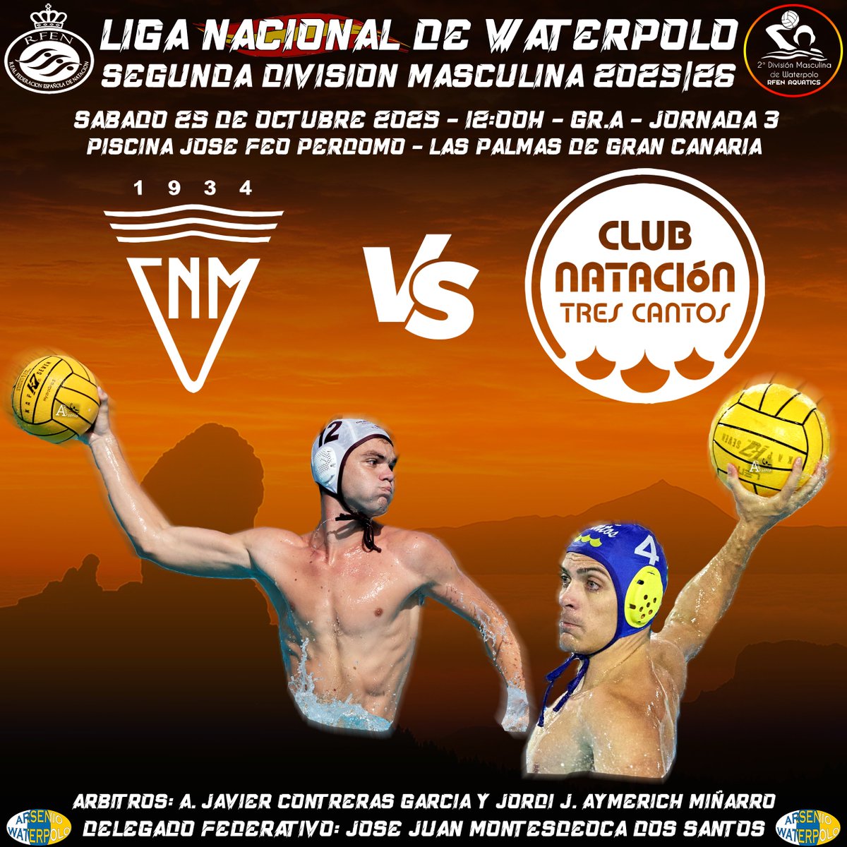 J.3 Gr.A #2DM 2025/26 #waterpolo <a href="/RFEN_Oficial/">RFEN</a>
🗓Sábado 25 Octubre 2025 🕕12h
🏟️ Piscina José Feo 🌍 <a href="/aytolpgc/">Ayuntamiento de Las Palmas de Gran Canaria</a> #GranCanaria
<a href="/cn_metropole/">CN Metropole</a> 🆚 <a href="/CNTRESCANTOS/">CLUB NATACIÓN TRES CANTOS 🏊‍♂️🤽‍♂️🏊‍♀️</a>
<a href="/Deportecanario/">Deporte canario</a> <a href="/imd_lpgc/">IMD LPGC</a> <a href="/GranCanariaCab/">Cabildo Gran Canaria</a> <a href="/canarias7/">Canarias7</a> <a href="/laprovincia_es/">La Provincia</a> <a href="/GranCanariaDep/">Gran Canaria Deportes</a> <a href="/fedecanat/">Fedecanat</a> <a href="/fmn_oficial/">FMN</a> <a href="/DeportesCOPE_GC/">Deportes COPE Gran Canaria</a>