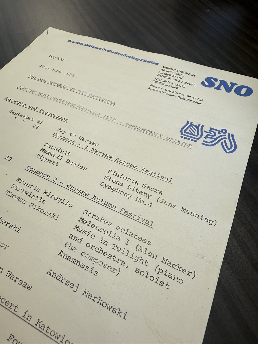 RSNO's tweet photo. From the archive! Looking back at our magazine and tour schedule from 1978 when we were the first orchestra to ever perform Panufnik's Sinfonia Sacra in Poland, his country of birth. 

We'll be performing it again at this week's Beethoven's Eroica Symphony Concerts - the concerts are part of UK/Poland Season 2025 organised by the British Council, the Adam Mickiewicz Institute and the Polish Cultural Institute, financed by the Ministry of Culture and National Heritage and the Ministry of Foreign Affairs in Poland.