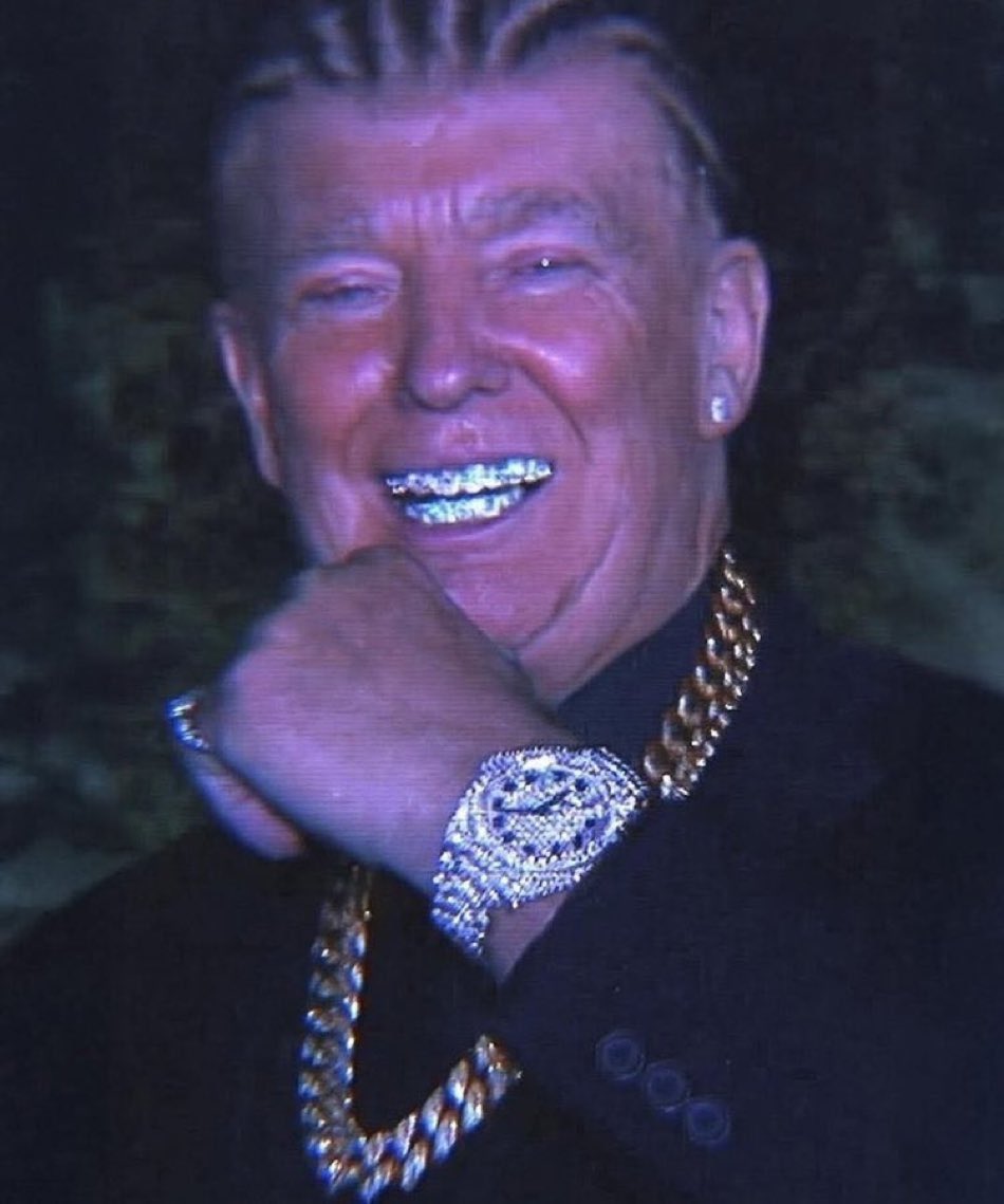 Meme image of Donald Trump styled as a rapper with gold chains and grills, symbolizing going all in on crypto