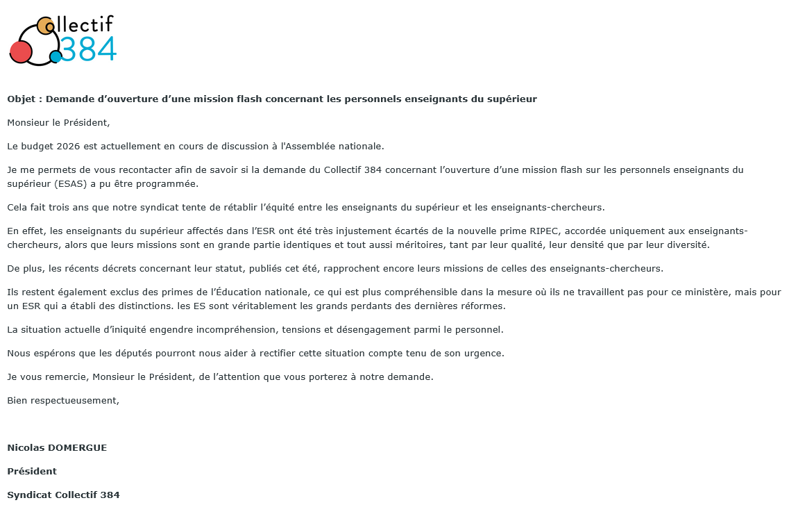 Envoyé à l'instant au Président de la commission culture et éducation de l'Assemblée Nationale.
En espérant être enfin entendus !
#384h #PE #PRAG #MCF #PU #PRCE #PLP #BIATSS #Contractuels #RIPEC <a href="/AssembleeNat/">Assemblée nationale</a> <a href="/SebLecornu/">Sébastien Lecornu</a>